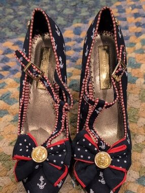 Babycham Nautical Bow Mary Jane Pumps - Navy with Red Trim